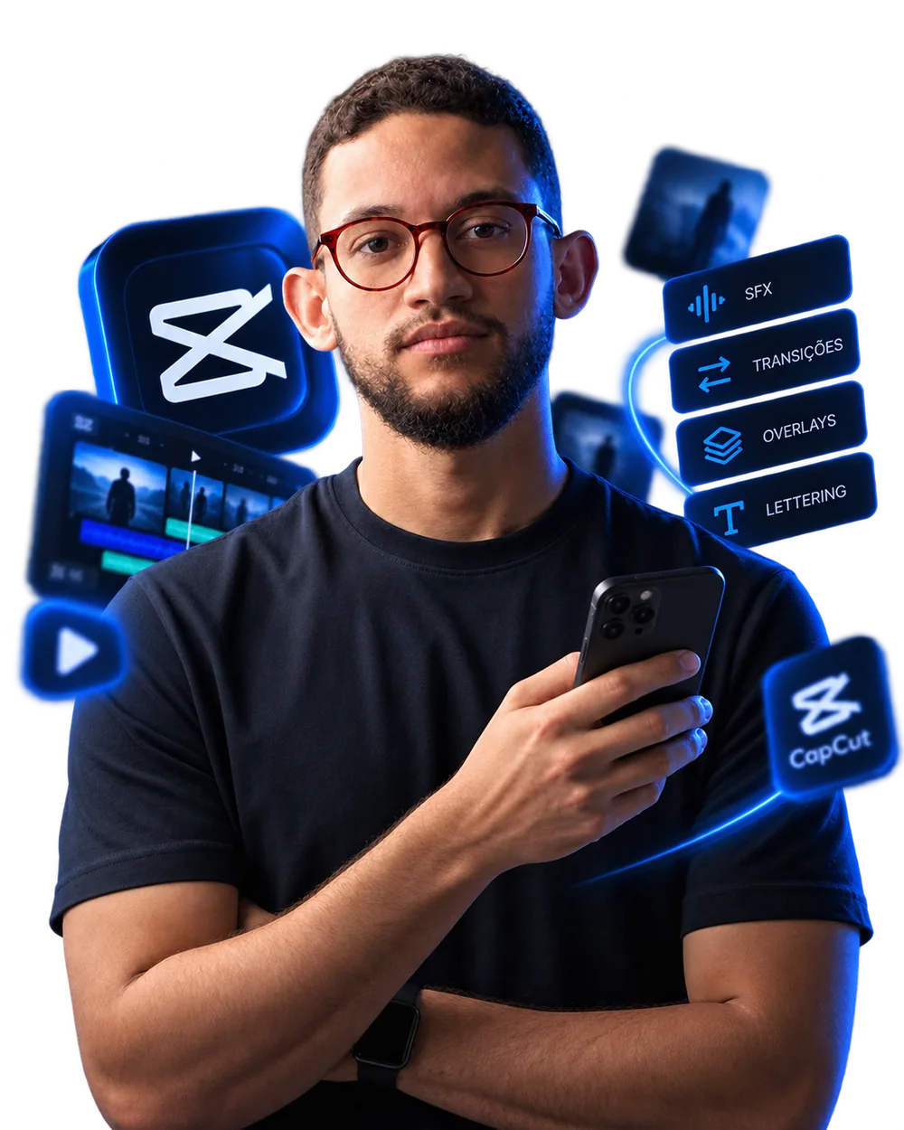 Kauã Martins, criador do Salto do Editor, com ícones de SFX, transições, overlays, lettering e CapCut